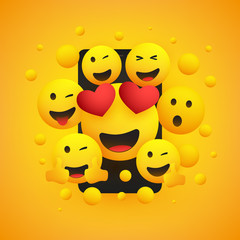 Various Smiling Happy Yellow Emoticons Design, Group of Funny People in Front of a Smartphone Screen, Vector Concept Illustration