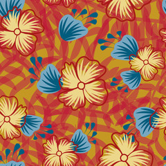 Fototapeta na wymiar A bright floral seamless vector pattern in red yellow and blue colors. Vibrant tropical surface print design. Great for fabrics, cards, wrapping paper and packaging.