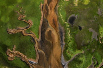 Aerial photography of Cape Cod`s awesome marshlands and pure wilderness. The picture shows green...