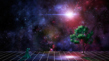 Space scene. Magician walk on reflection floor with tree and colorful fractal nebula. Elements furnished by NASA. 3D rendering