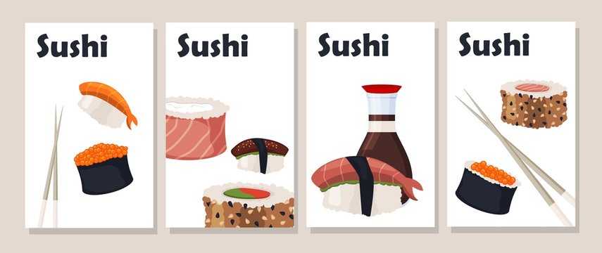 Sushi roll menu cards vector illustration.