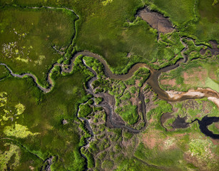 Obraz premium Aerial photography of Cape Cod`s awesome marshlands and pure wilderness. The picture shows green environment and an infinite diversity of the nature.