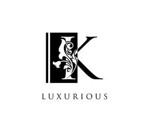 Elegant K Letter Swirl Logo. Black and White K With Classy Leaves Shape design perfect for fashion, Jewelry, Beauty Salon, Cosmetics, Spa, Hotel and Restaurant Logo. 