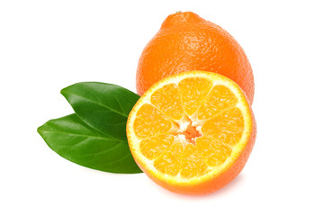 Orange clementine or minneola tangelo with slices and green leaves isolated on white background....