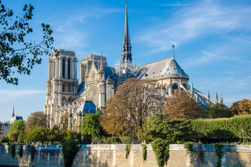 Side view of  Notre Dame de Paris or Notre-Dame Cathedral during restoration in Paris, France