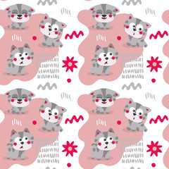 Fototapeta premium Seamless cute animal vector pattern with cats, flowers and graphic elements