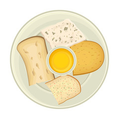 Cheese Served on Plate with Sauce Top View Vector Illustration