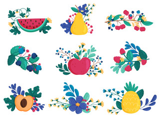 Bright Fruit and Berries Composition with Branches and Flower Blossoming Vector Set