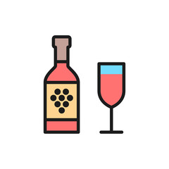 Bottle of wine with glass flat color line icon.
