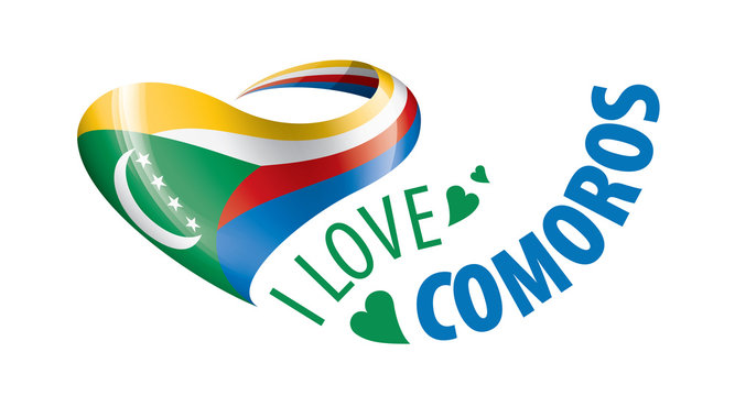 National flag of the Comoros in the shape of a heart and the inscription I love Comoros. Vector illustration