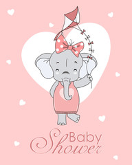 Obraz na płótnie Canvas Baby girl shower card. Elephant with kite