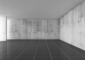Abstract empty interior with concrete walls and black floor tiling
