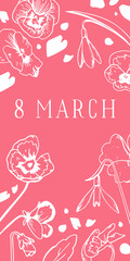 8 march design template. Composition with pansy and snowdrop flowers. Hand drawn outline vector sketch illustration with title