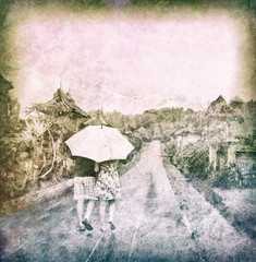 couple walking in rainy forest, abstract vintage background, some noise added for stronger vintage effect