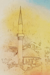 Hand drawn Sketch of mosque for ramadan greetings card with vintage Background. digital Illustration