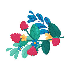 Raspberry with Flowers and Leaves Behind Vector Composition