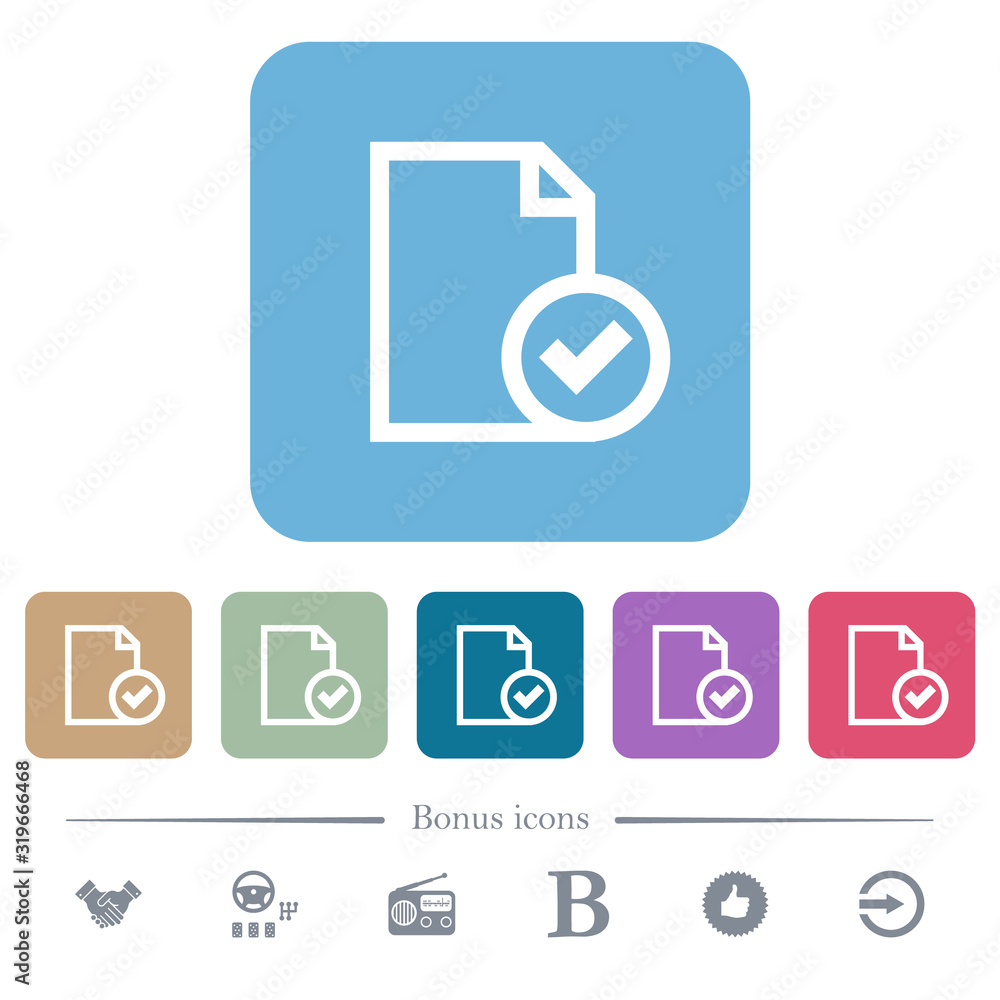 Poster document accepted flat icons on color rounded square backgrounds