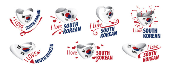 National flag of the South Korean in the shape of a heart and the inscription I love South Korean. Vector illustration