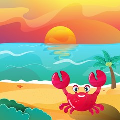 Fototapeta na wymiar illustration of a crab animal happily on the beach in the afternoon vector