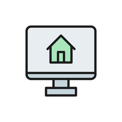 Monitor with house, app for real estate flat color line icon.