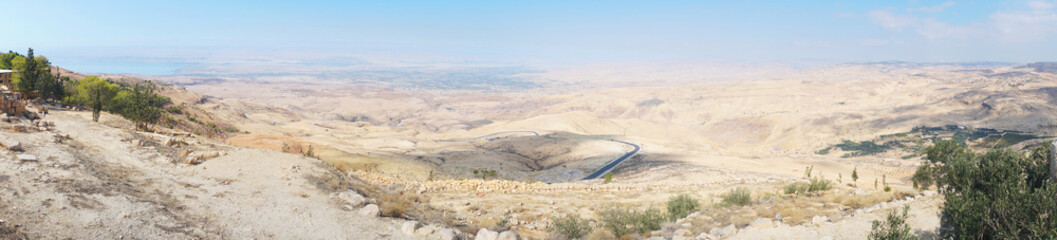 View from top of the Mount Nebo to the Jordanian desert valley. Desert land around the dead sea....