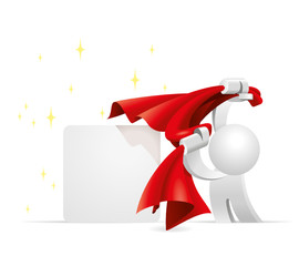 Cute little white Simplified man pull the magical red curtain to unveil the square message board