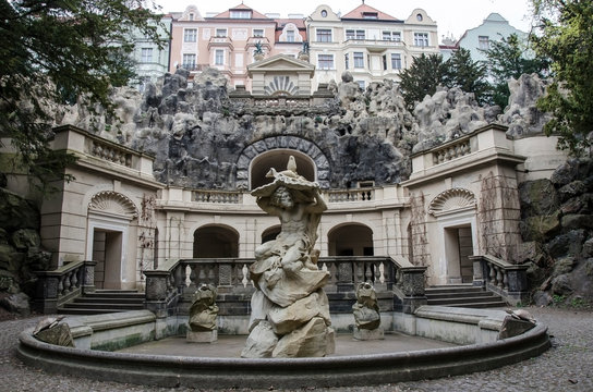Statue of Neptune, Grotta fountain in Grebovka (Grobovka), Havlicek Gardens, Havlickovy zahrady, Prague, Czech Republic / Czechia - Sculpture of mythical god