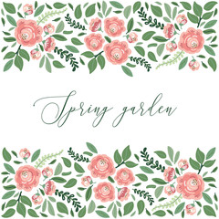 Cute botanical theme floral background with bouquets of hand drawn rustic roses flowers and leaves branches in neutral colors