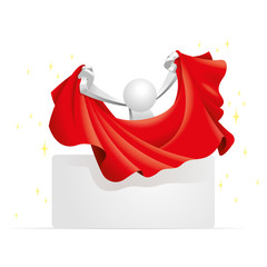 Cute little white Simplified man pull the magical red curtain to unveil the horizontal message board