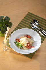 Traditional italian pasta. Carbonara pasta. Spaghetti with pancetta, egg, parmesan cheese and cream sauce. Traditional italian cuisine. Dish of Spaghetti alla Carbonara, typical italian recipe