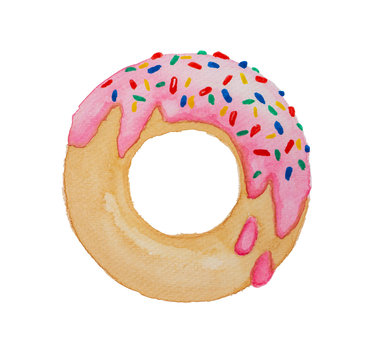 Watercolor painting illustration Donut and strawberry cream melting, isolated on white with clipping path
