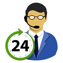 Call Center operator service and support around the clock or 24 hours and 7 days a week man avatar flat style icon isolated on white background.