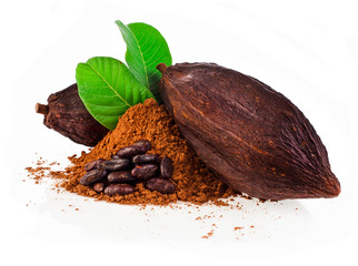 Cocoa pods, cocoa beans and cacao powder with leaves isolated on a white background. - obrazy, fototapety, plakaty