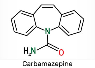 Carbamazepine, CBZ, C15H12N2O  molecule. It is anticonvulsant and analgesic drug, used in therapy of epilepsy and trigeminal neuralgia. Skeletal chemical formula