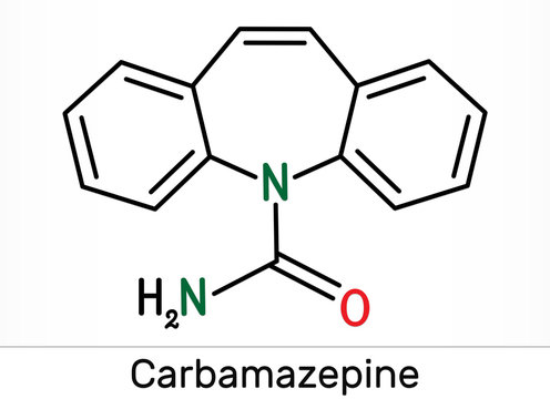 Carbamazepine, CBZ, C15H12N2O  molecule. It is anticonvulsant and analgesic drug, used in therapy of epilepsy and trigeminal neuralgia. Skeletal chemical formula