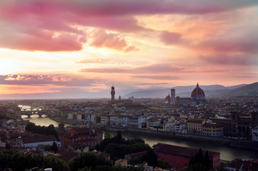 View of Florence after sunset from Piazzale Michelangelo, Florence, Italy. Beautiful panoramic view of Duomo Santa Maria Del Fiore and tower of Palazzo Vecchio during evening.