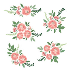 Cute botanical theme floral background with bouquets of hand drawn rustic roses flowers and leaves branches, neutral colors