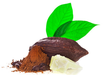 Cocoa pods, butter and beans and cacao powder with leaves isolated on a white background.