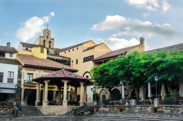 View of Plaza Mayor, main square in Poble Espanyol, an open-air architectural museum in Barcelona, Catalonia, Spain