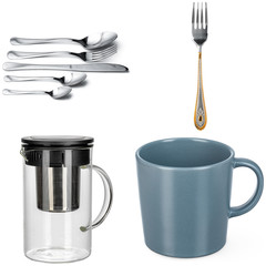 Collage of kitchen utensils isolated on white