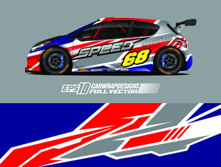 Fototapeta premium Vehicle graphic livery design vector. Graphic abstract stripe racing background designs for wrap cargo van, race car, pickup truck and adventure. Full vector Eps 10.