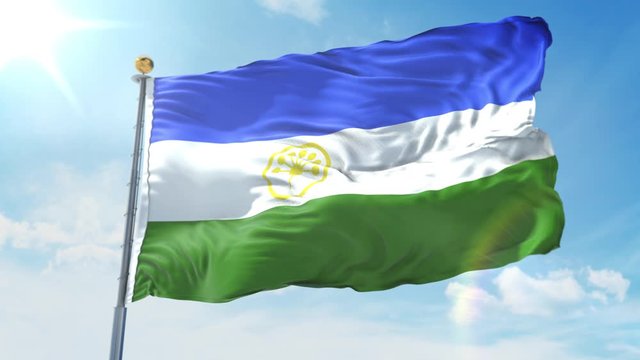 Bashkortostan flag waving in the wind against deep blue sky. National theme, international concept. 3D Render Seamless Loop 4K