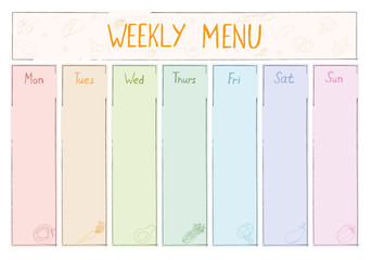 Cute A4 template for weekly menu with lettering and doodle drawings of food.