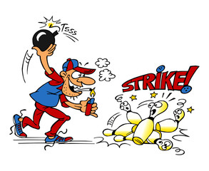 Bowling player throws a dynamite ball on bowling skittles and hits strike, color cartoon