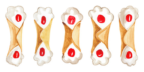 Classic sicilian cannoli with ricotta cheese and red cherry watercolor illustration set isolated on white color