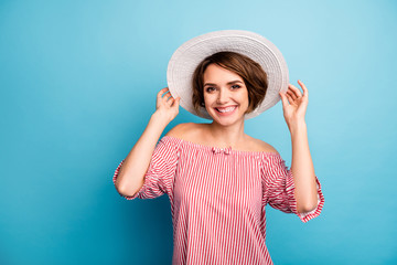 Photo of beautiful lady traveler spend vacation time abroad warm sun country wear casual white red...