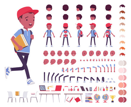 Black school boy in a casual wear construction set. Cute guy, active young kid, smart elementary pupil, 7, 9 year old creation elements to build own design. Cartoon flat style infographic illustration