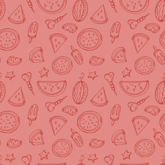 Digital illustration of a cute doodle black outline watermelon pattern on a coral pink background. Print for fabrics, paper, banners, posters, invitations, textiles, packaging.