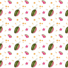 Digital illustration of a cute juicy hot pink watermelon pattern on a white background. Print for fabrics, paper, banners, posters, coverings, textiles.