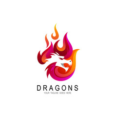 Dragon fire flame logo design vector template, Monster strength reptile silhouette logotype concept icon.